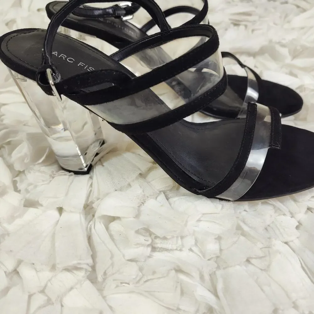 Marc Fisher Shoes Womens Size 9 Black Strappy Sandals Clear Lucite Block Heel